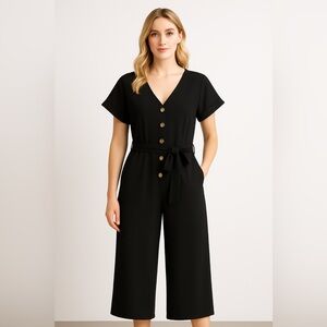Black Button-Front Palazzo Jumpsuit | Size L | Pockets + Belt